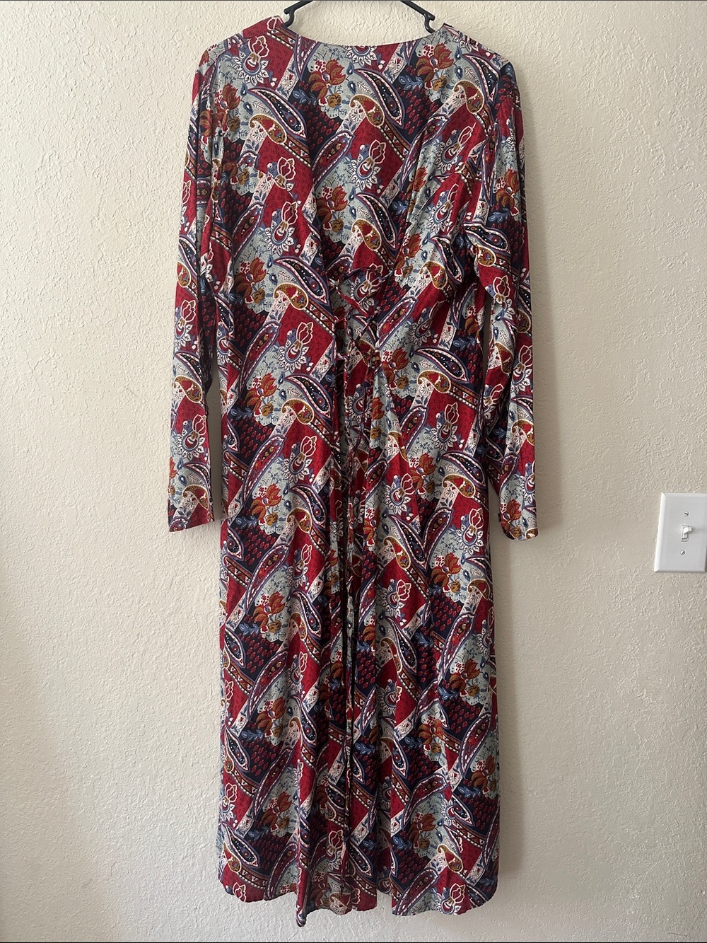 Vintage Erika Burgundy Paisley Button-Front Lace-Up Back Long Sleeve Maxi Dress - Picture 12 of 16